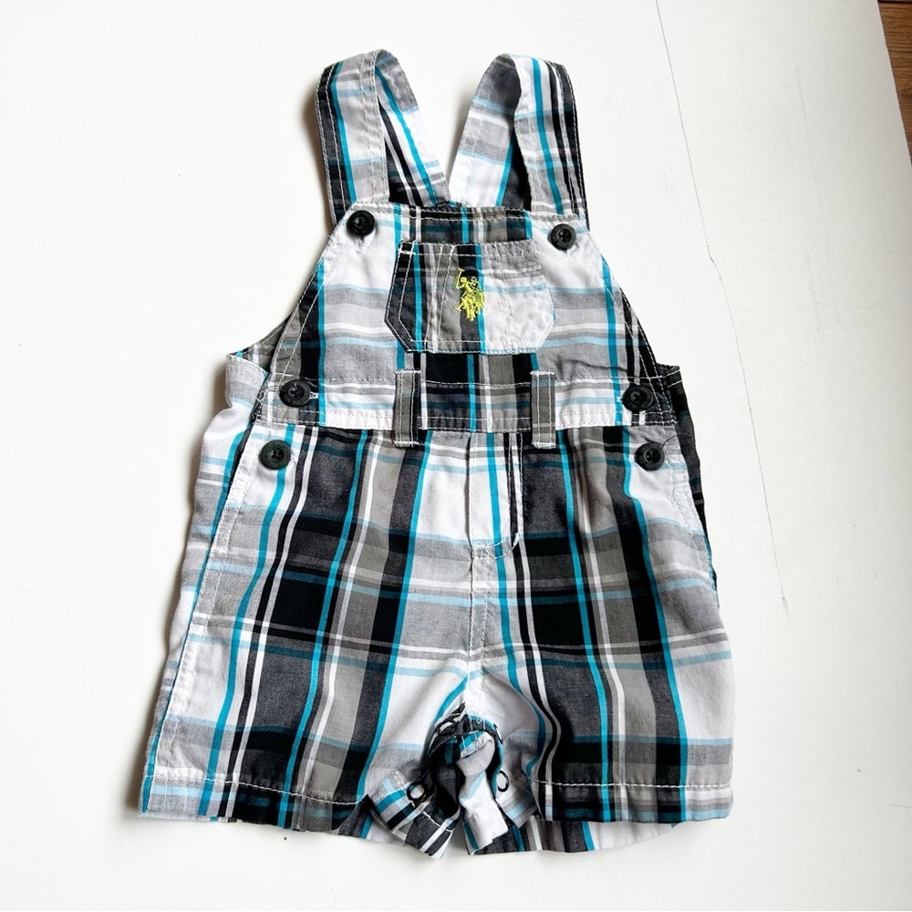 U.S. Polo Assn. Black and Blue Plaid Kids Overall Shorts Size 6/9 months